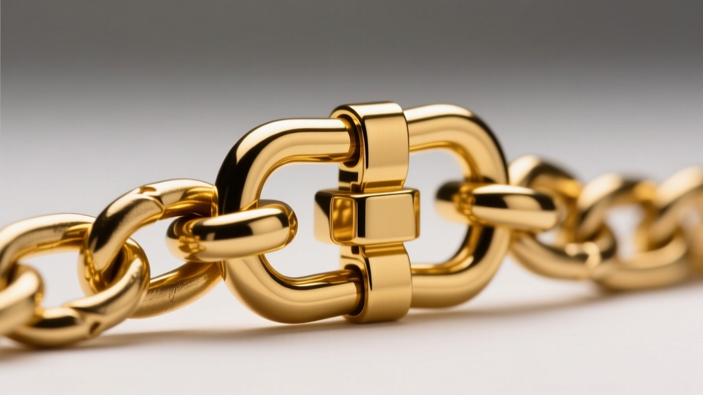 Close-up of a heavy-duty 12mm gold lobster clasp fastened to a thick 1.5mm curb chain under bright, directional studio lighting