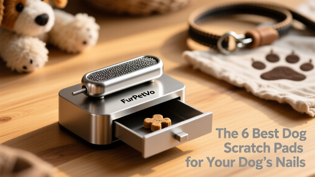 The FurPetVo Digger Dog Nail File showing its sleek design with a small treat drawer beneath the stainless steel abrasive surface