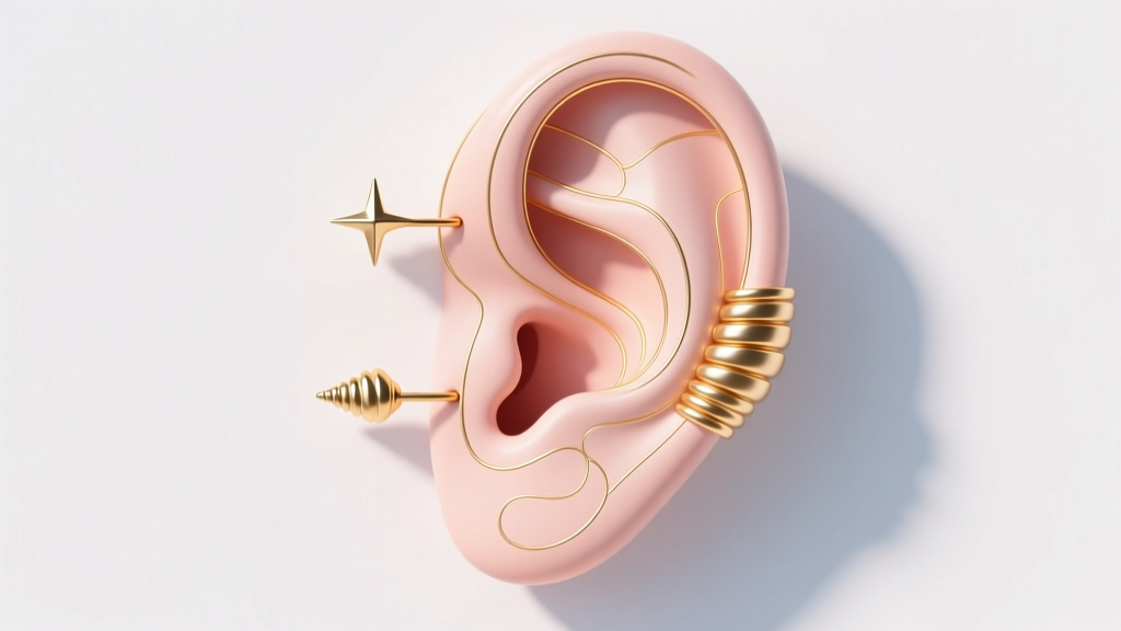 Vector diagram of a human ear mapping a Kpop earring layout, highlighting the rook, conch, and stacked lobes with fine gold lines