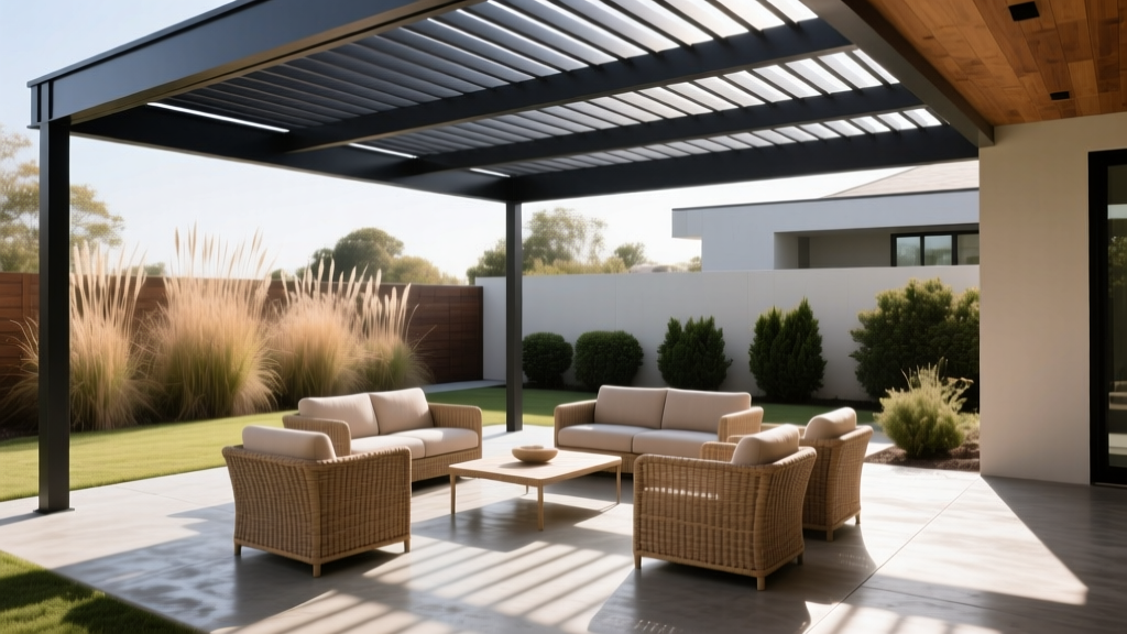 Exterior view of a modern backyard covered patio featuring a dark aluminum louvered roof system over stamped concrete with woven outdoor furniture