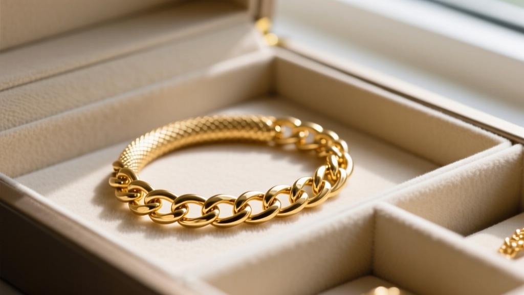 Macro shot of a delicate 18k gold snake chain resting flat on microfiber inside a compartmentalized necklace box organizer.