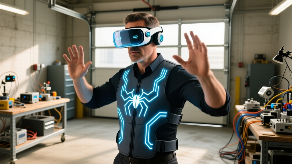 A man wearing a high-tech haptic feedback vest and VR headset testing a spider-sense simulation in a garage workshop