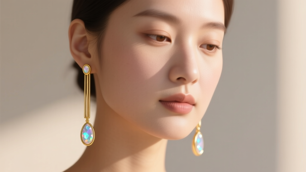 Woman with round face wearing long linear 18k gold and opal drop earrings elongating her jawline, soft natural daylight portrait.