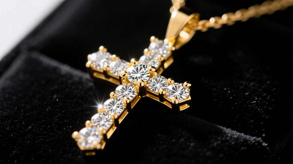 Macro shot of a 14k yellow gold iced-out cross pendant with VVS lab-grown diamonds in a prong setting resting on black velvet