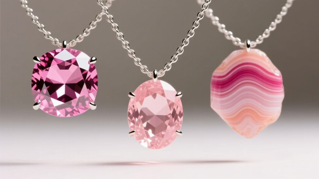 Macro shot comparing three pink gemstones on silver chains: a faceted pink sapphire, peachy morganite, and banded rhodochrosite