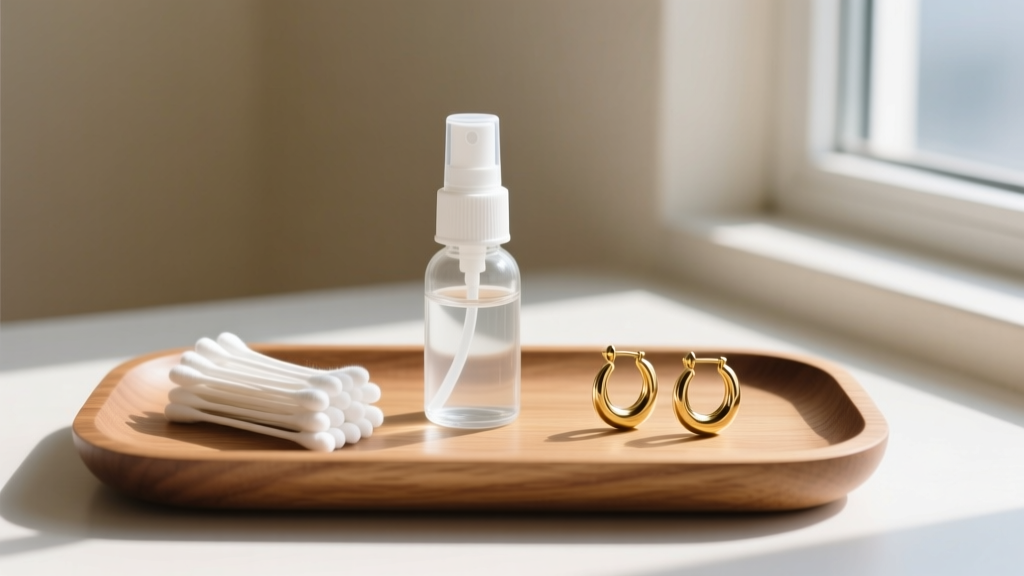 Wooden tray displaying sterile saline spray, cotton swabs, and 14k gold huggie hoop earrings under bright natural window lighting.