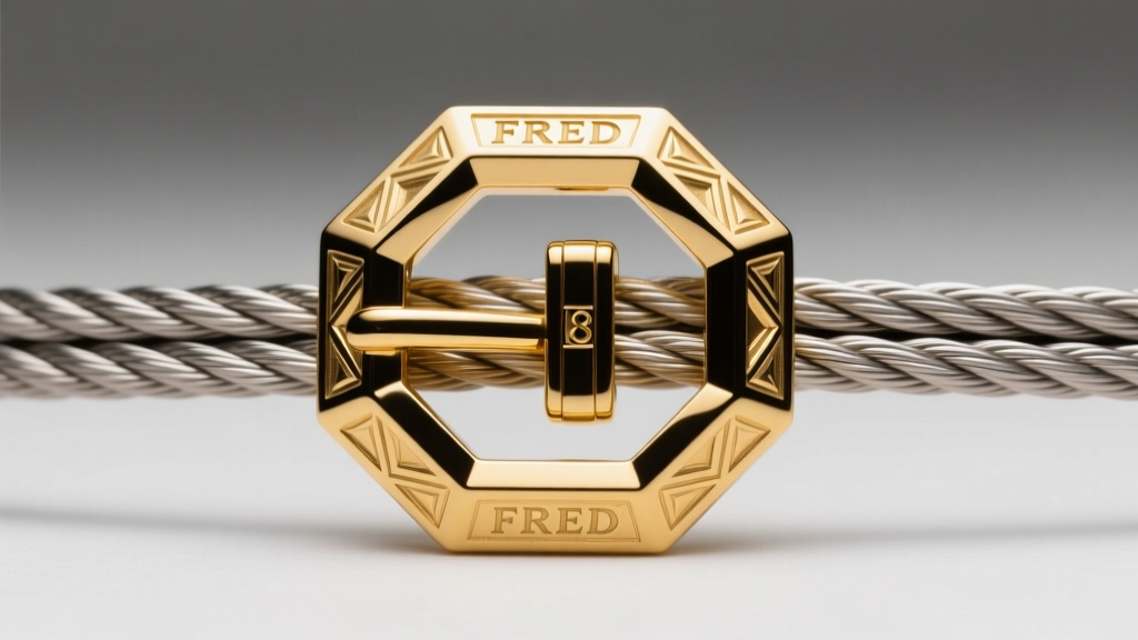 Close-up of an 18k yellow gold Fred buckle clasp on a braided steel cable, studio lighting highlighting the octagonal geometry