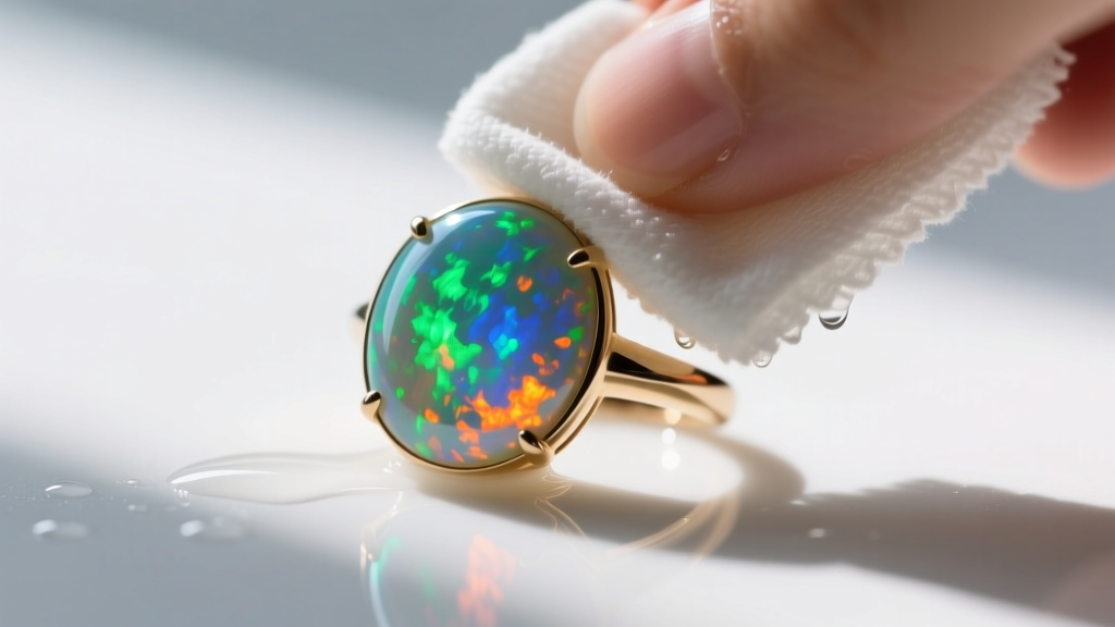 Macro shot of an opal cabochon ring gently wiped with a damp microfiber cloth, strictly avoiding any liquid submersion in water