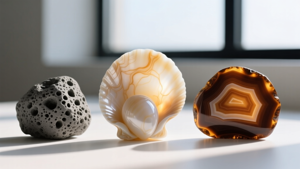Close-up of three cameo materials: creamy sardonyx shell, matte grey Vesuvian lava stone, and polished banded brown agate