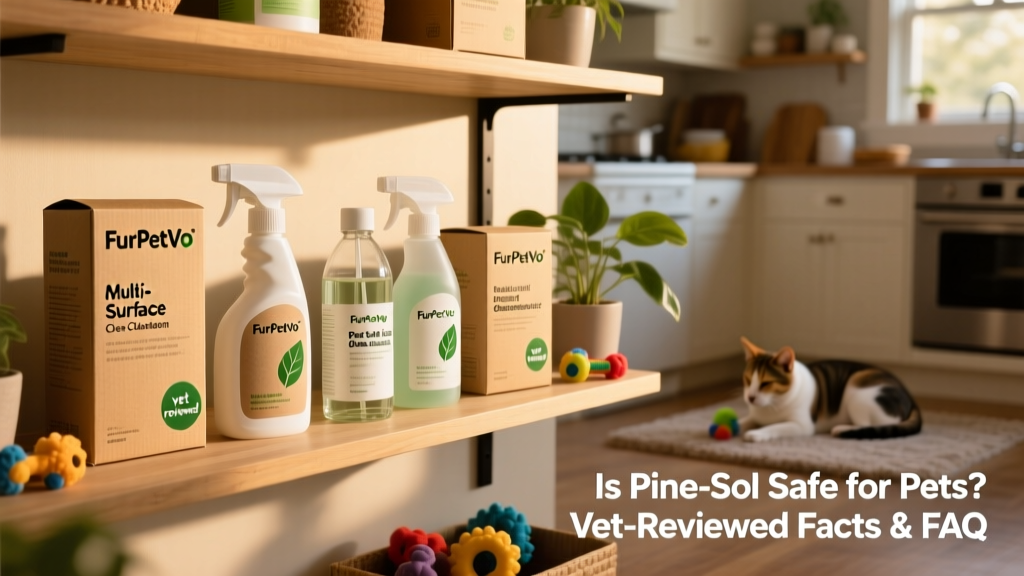 A shelf displaying FurPetVo’s line of pet-safe cleaning products with clear labeling and eco-friendly packaging