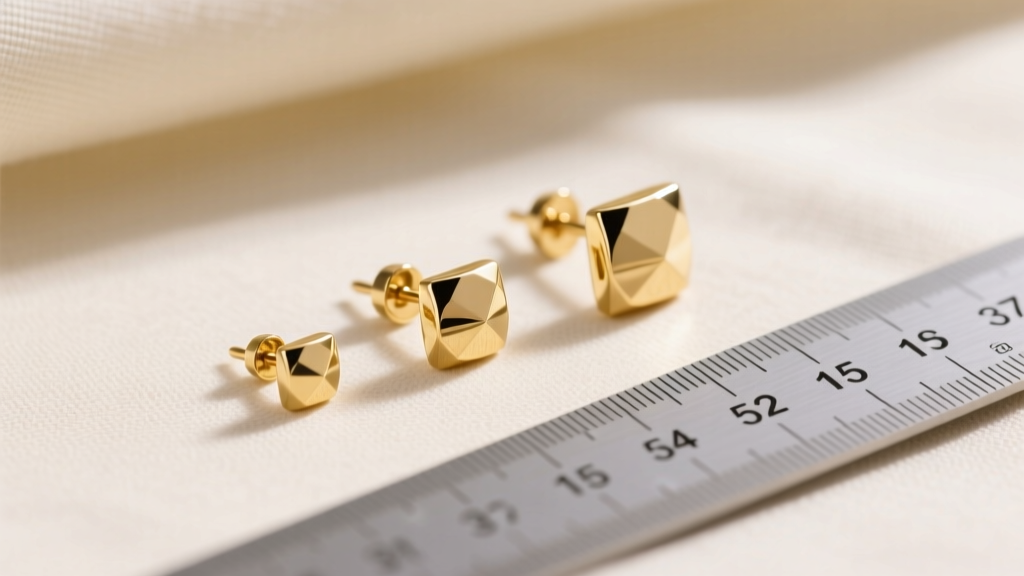 Flat lay of three gold stud earrings sized 3mm, 5mm, and 7mm placed next to a millimeter ruler on a cream linen background.