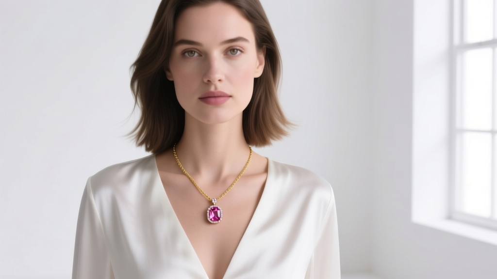 Woman wearing a delicate bezel-set pink topaz pendant on a thin gold chain, showcasing the gem against a crisp white silk blouse.