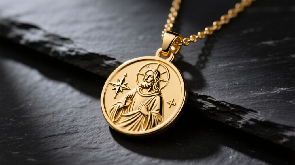 Polished 14k gold Saint Christopher protect us necklace on dark slate, highlighting the detailed engraved traveler motif.