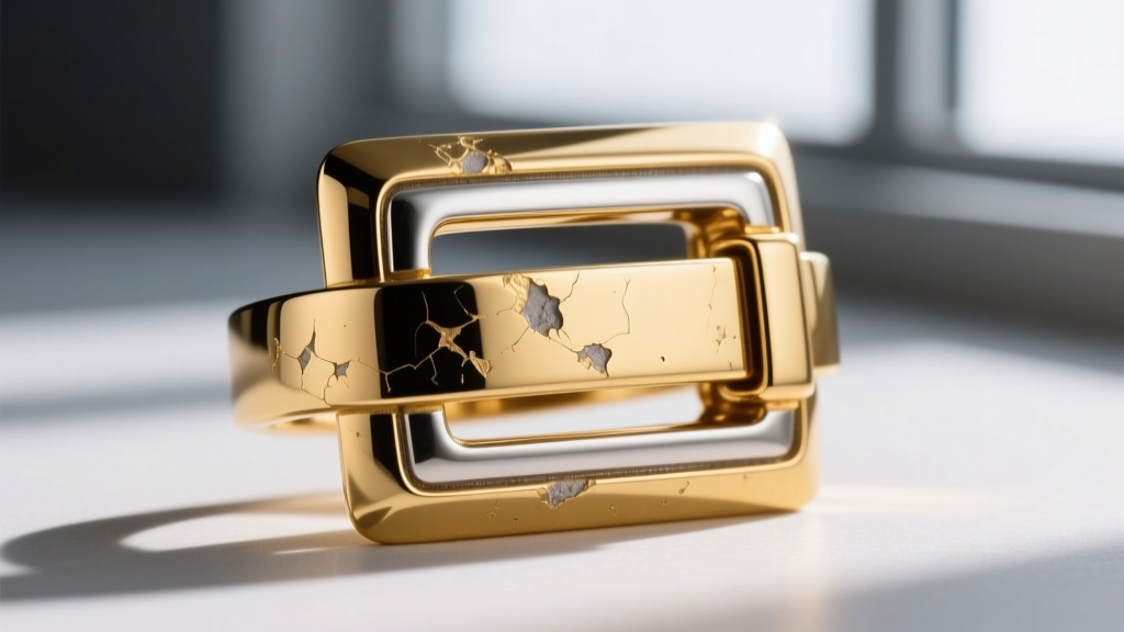 Close-up of a gold-plated magnetic jewelry clasp showing micro-abrasions on the nickel-copper-nickel protective coating layer