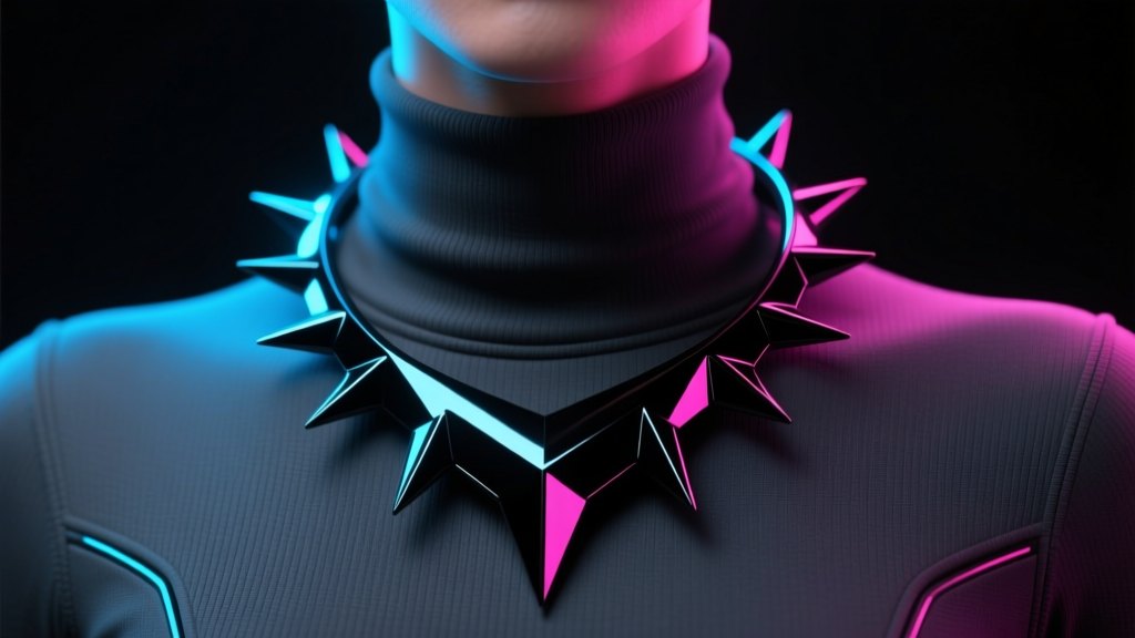 Futuristic black ABS plastic necklace with geometric spikes on a dark techwear turtleneck under moody neon studio lighting.