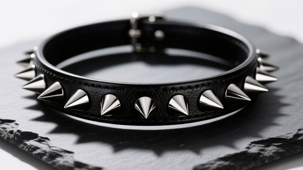 Close-up of a black leather spiked choker necklace with polished 316L stainless steel cone spikes, resting on dark slate.