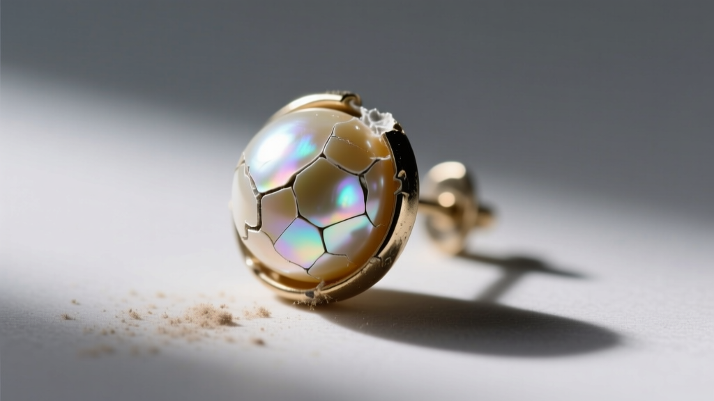 Extreme close-up of a damaged vintage faux pearl earring showing flaking essence d'orient coating revealing the glass bead core beneath.