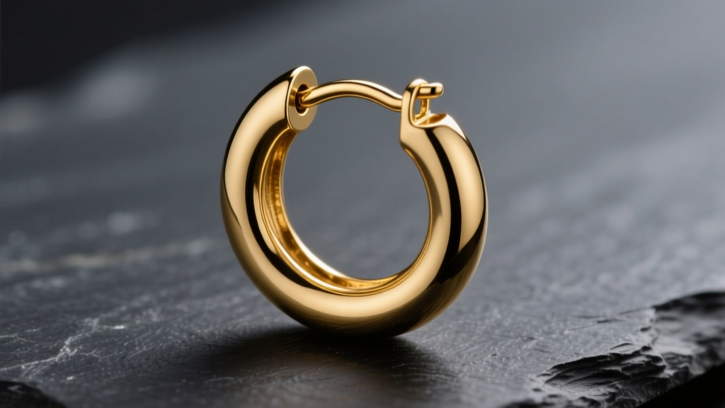 Macro shot of a 16-gauge solid gold C hoop earring on dark slate, highlighting the hinged saddle closure under soft studio light