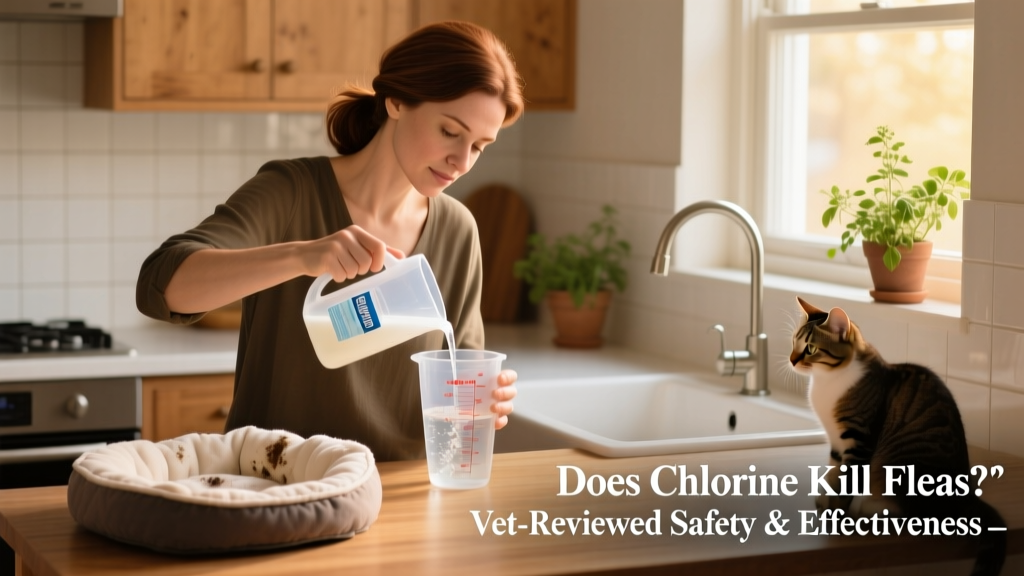 Person carefully diluting chlorine bleach in a measuring cup for cleaning pet bedding