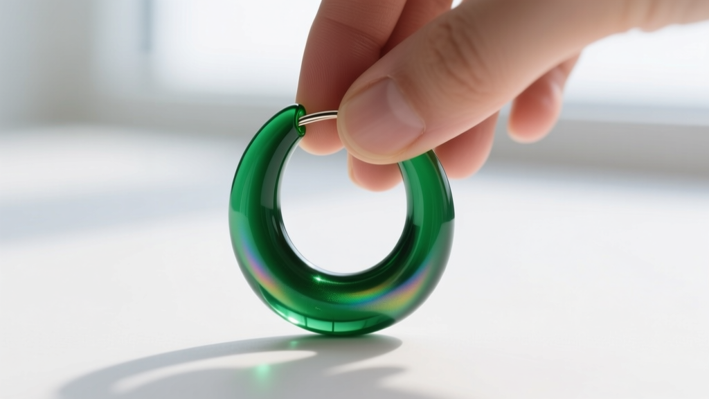 Close-up of a flexible Bioplast plastic earring hoop bending slightly between fingers against a clean clinical background.