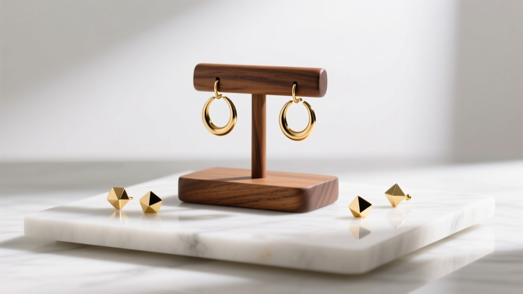 Walnut wood earring display stand on white marble, showcasing gold hoops and studs under warm, soft gallery lighting.