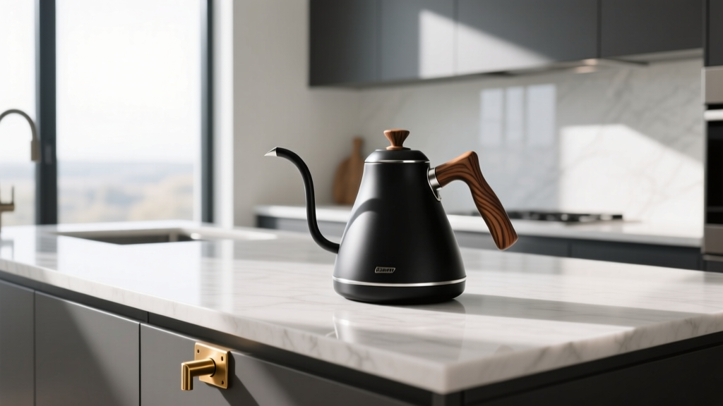 Modern kitchen island featuring matte-black modular electric gooseneck kettle, custom walnut handle, and built-in brass dispenser.