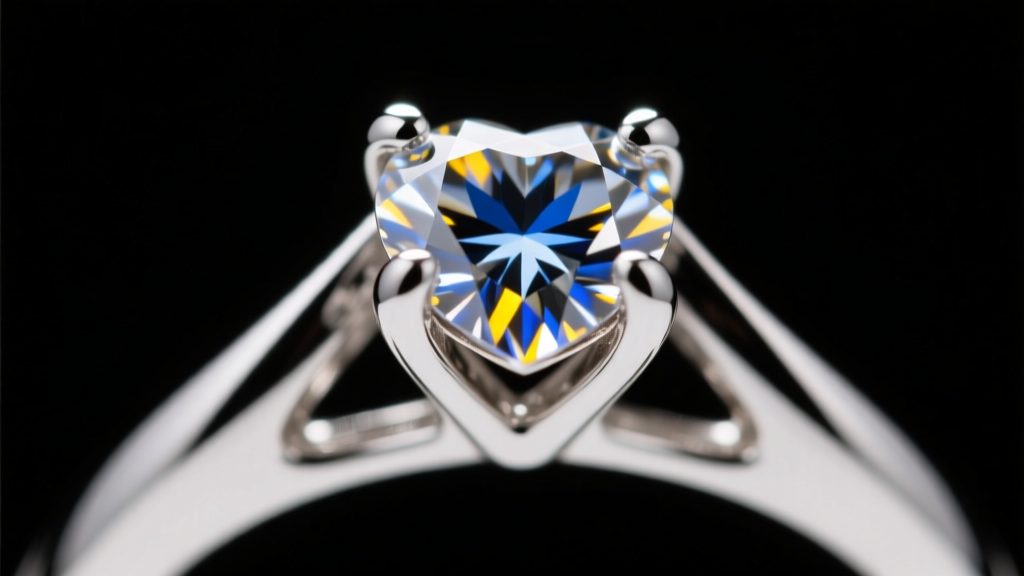 Extreme macro shot of a five-prong platinum setting securing a heart diamond, showing the V-prong protecting the delicate cleft.