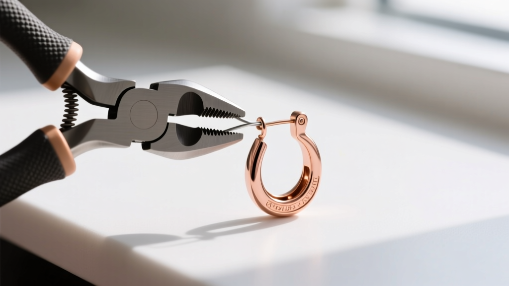 Nylon jaw pliers gently adjusting the tension wire of a rose gold leverback earring on a clean, well-lit white jewelry workbench