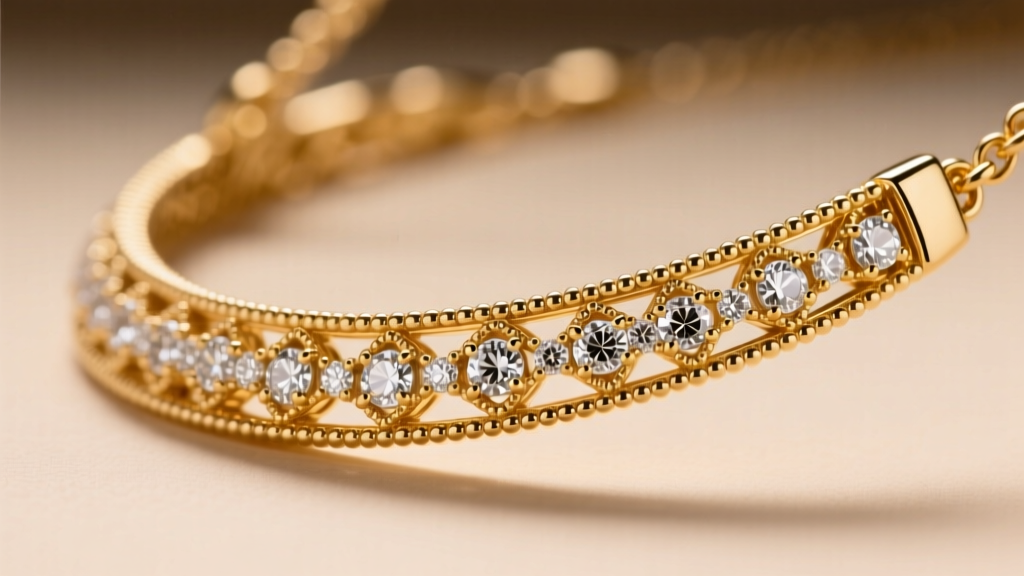 Side profile of a luxury brand necklace bezel setting showing precise milgrain detailing and flush gemstone calibration on gold