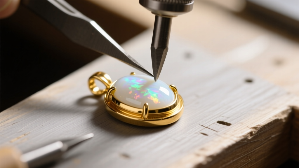 Workbench close-up showing a custom 18k yellow gold bezel wall being pushed over a fragile cabochon white opal pendant