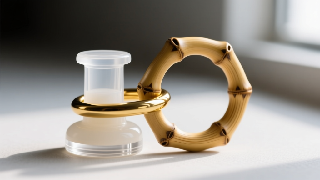 Macro shot of a clear silicone stopper and rubber o-ring securing a thick gold bamboo hoop latchback to prevent accidental loss.