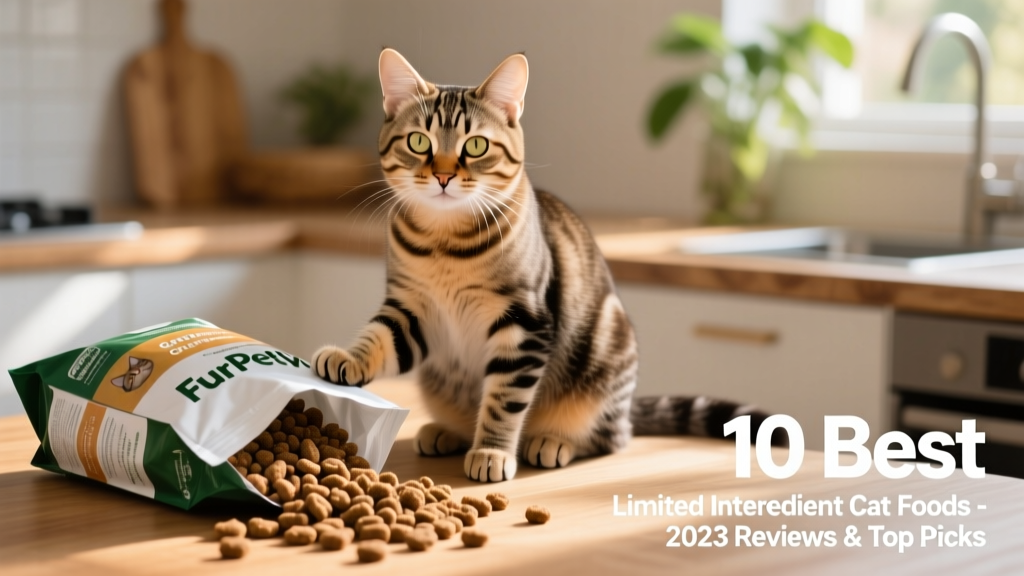 A happy, healthy cat sitting beside an open bag of FurPetVo Grain-Free Dry Cat Food, with kibble visible in foreground