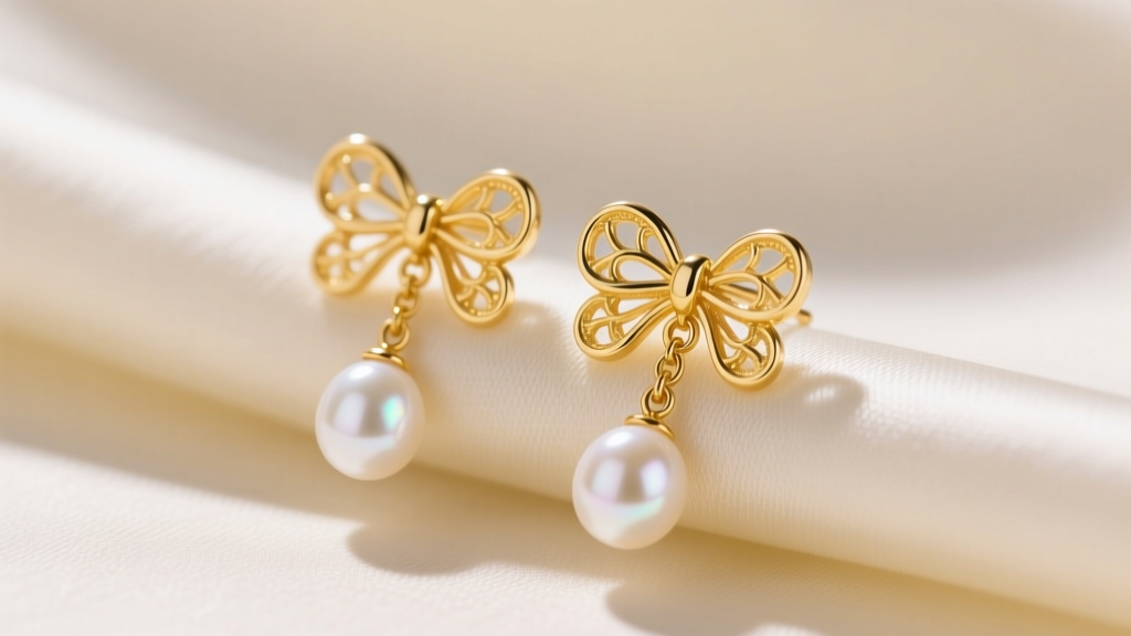 Macro shot of 14k yellow gold bow earrings with luminous white pearl drops resting on cream silk under soft light.