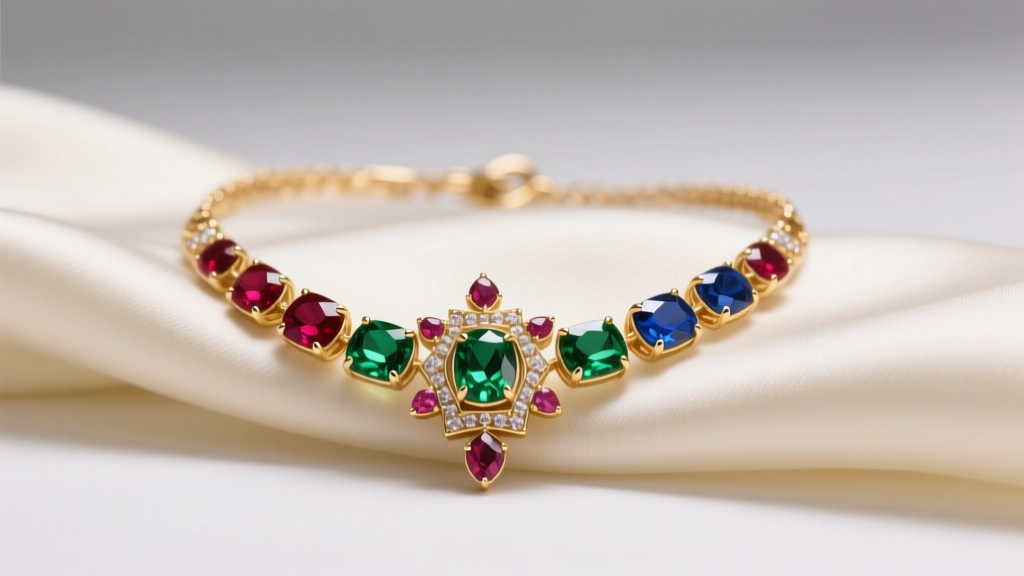 Minimalist 18k gold navaratna necklace with bezel-set ruby, emerald, and sapphire on cream silk under soft studio lighting.