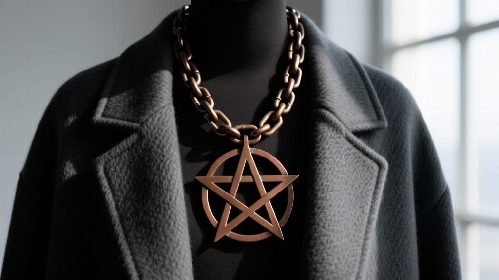 Cast bronze Rick Owens pentagram necklace on a dark jacket, showing the dense matte brown finish and thick heavy chain links.