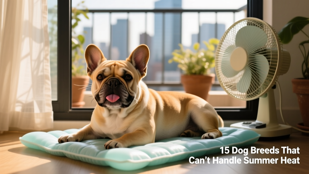 A French Bulldog relaxing on a cooling mat beside a window fan
