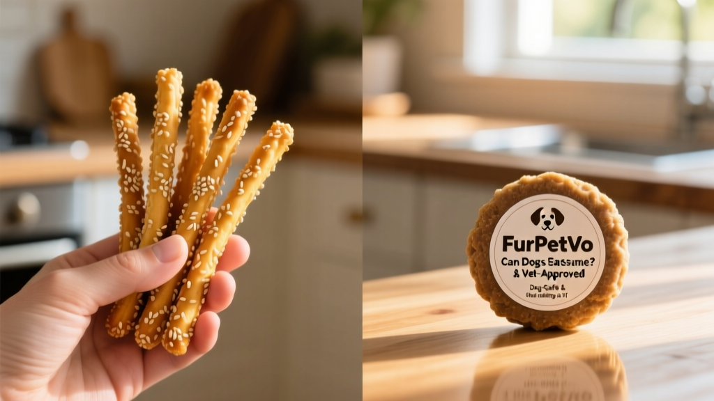 Side-by-side comparison: a human hand holding sesame sticks next to a dog treat from FurPetVo, clearly labeled as dog-safe