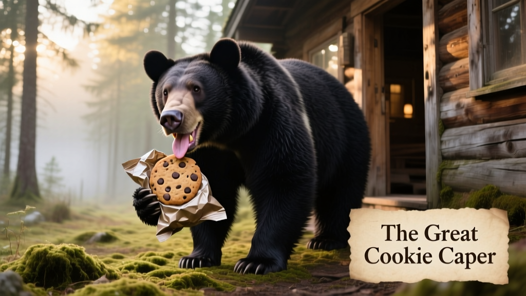 A large black bear standing calmly outside a rustic cabin, holding a package of cookies in its mouth