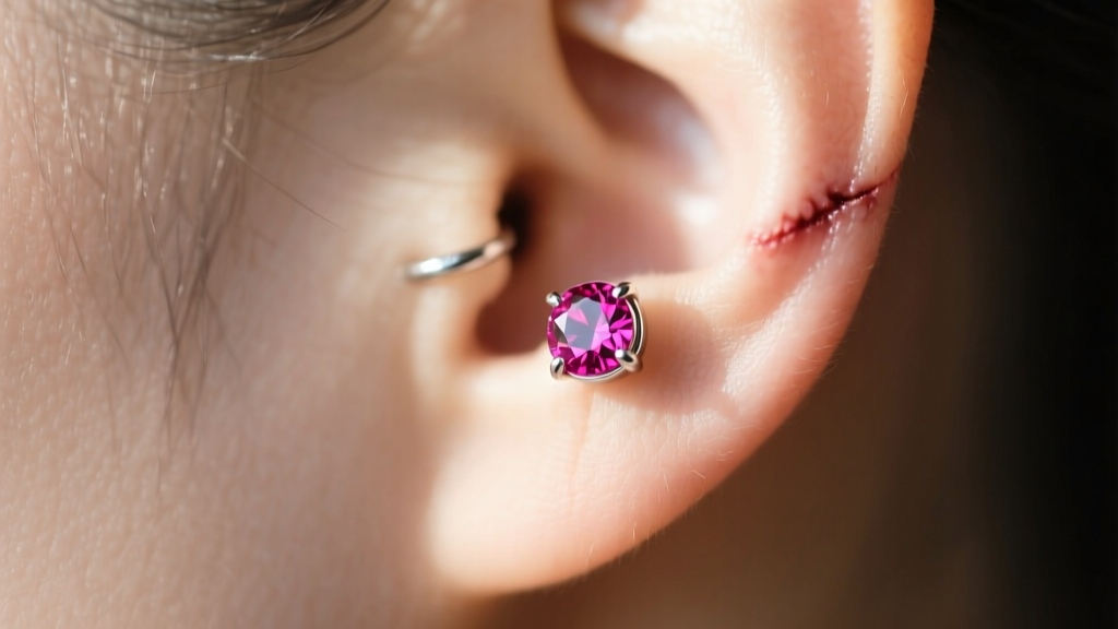 Side profile of healed helix piercing with vibrant magenta lab-created spinel stud in a bezel setting under soft natural sunlight