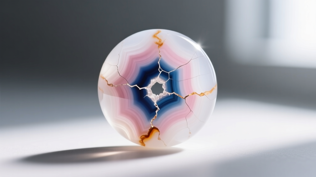 Macro shot of a white agate bead revealing dye concentrations in natural fractures under a bright gemological loupe light source.