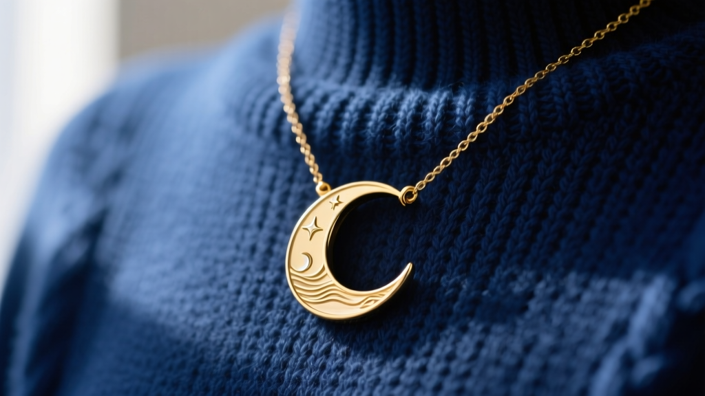 Close-up of a 14k gold vermeil crescent moon necklace inspired by the Midnights era resting on a navy blue knitted wool sweater.