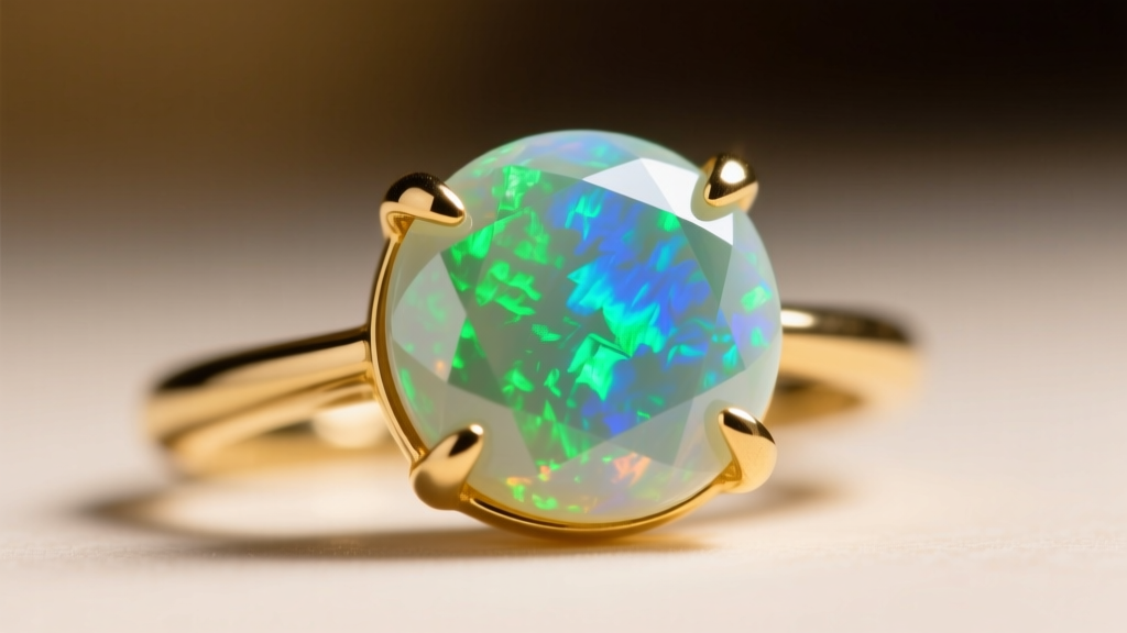 Macro shot of an Ethiopian Welo white opal cabochon in a prong gold setting, highlighting vivid green and blue play-of-color