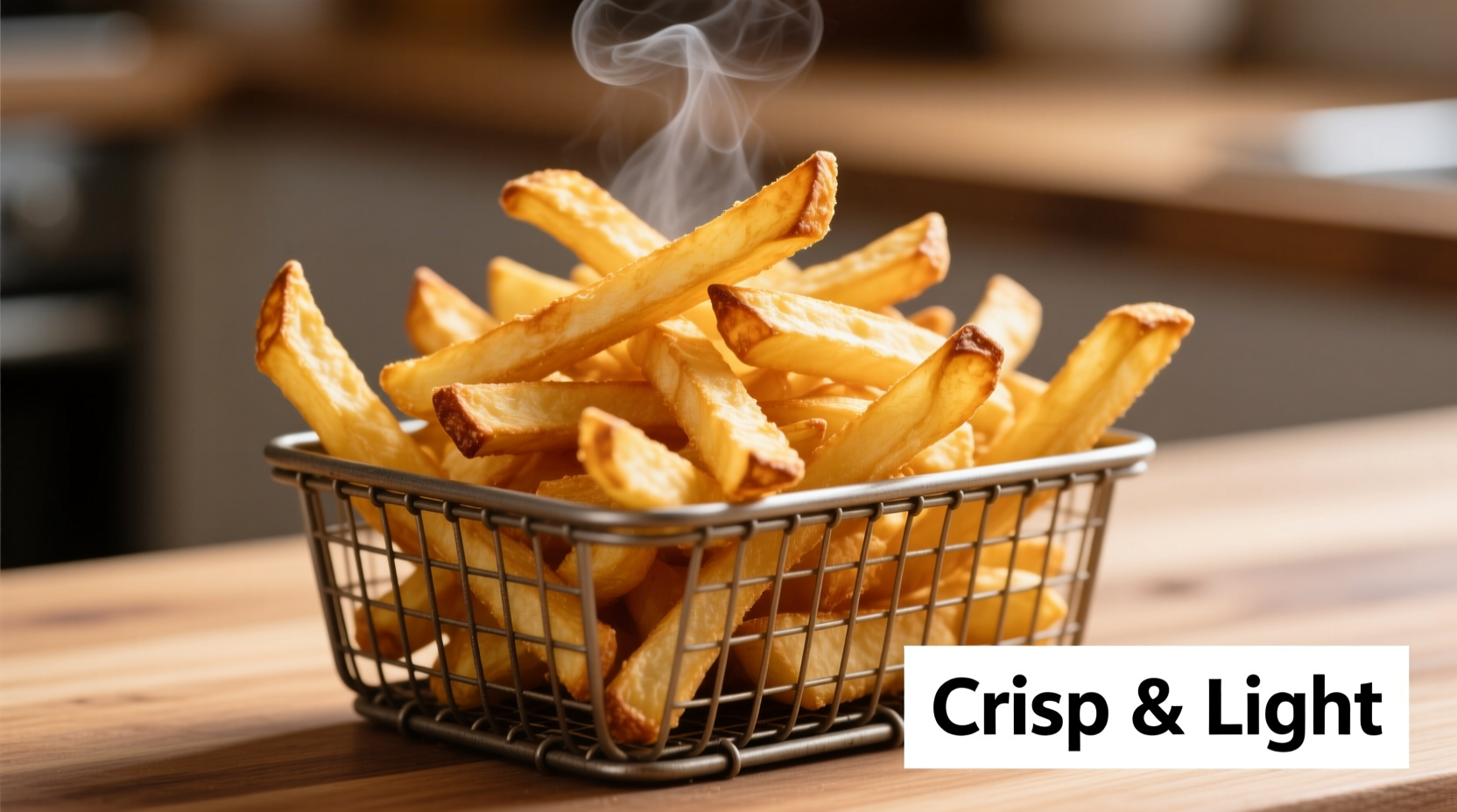 Golden air fried french fries in basket with crisp texture