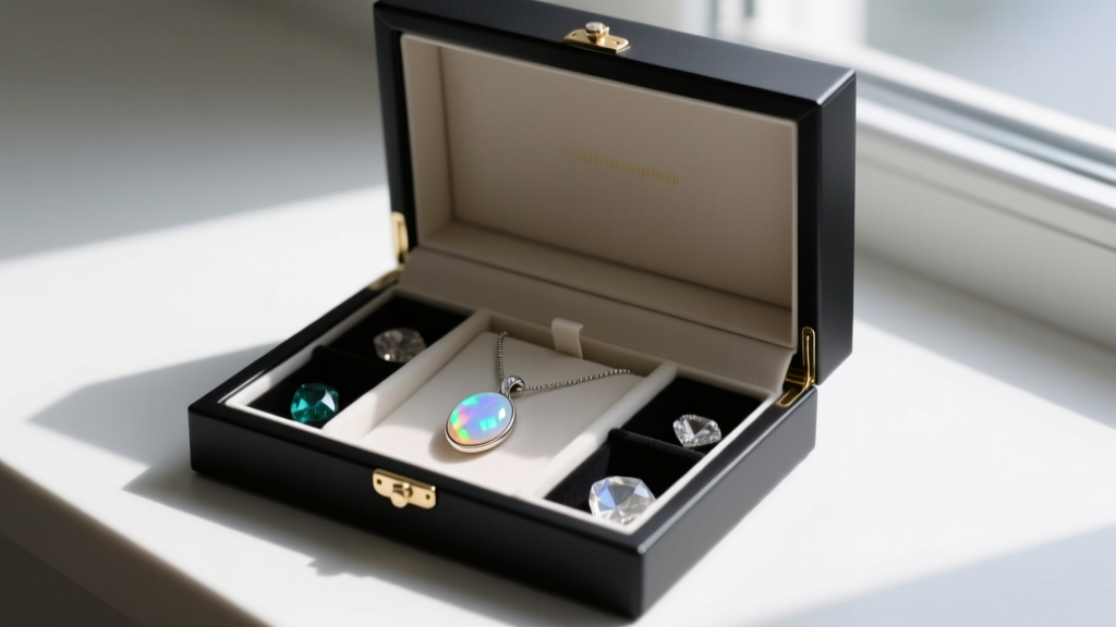 Open anti-tarnish jewelry box showing a separately compartmentalized opalite pendant necklace stored away from harder gemstones.