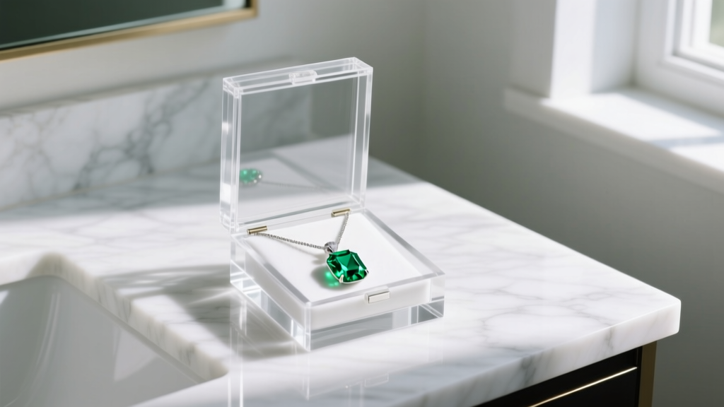 Clear UV-filtering acrylic necklace holder box on a marble vanity, protecting a vibrant green emerald pendant from direct sunlight.