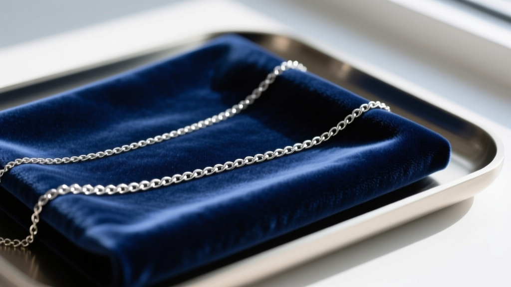 Extreme close-up of short-pile navy blue velvet on a jewelry tray, highlighting the smooth texture and a delicate silver chain