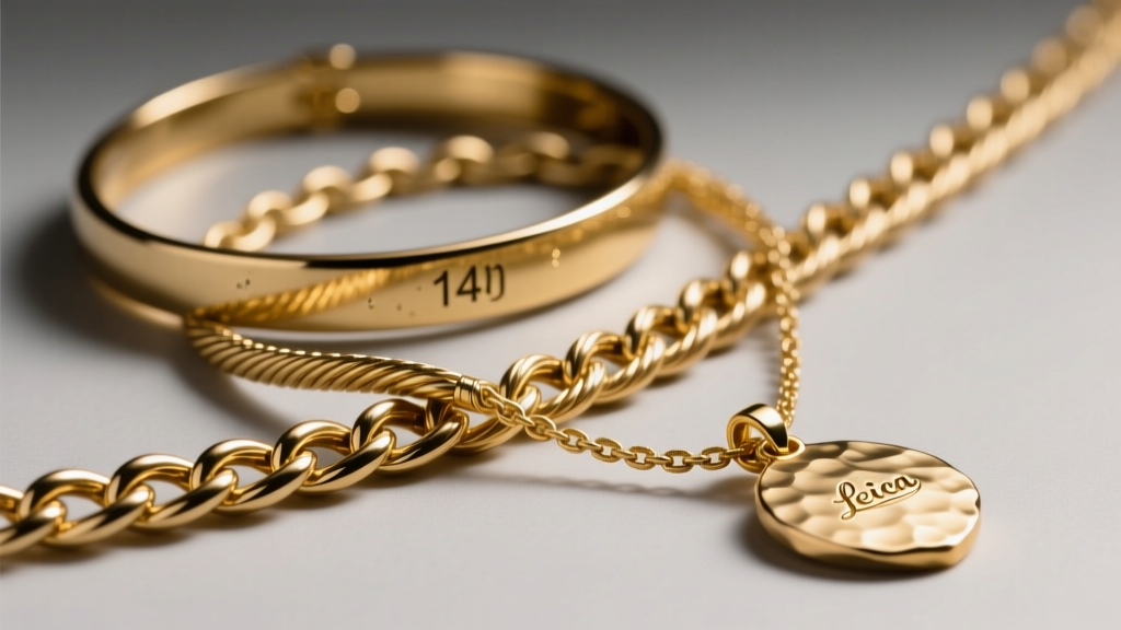 Macro shot of layered gold chains: 14-inch choker, 16-inch cable chain, and 20-inch pendant necklace, highlighting metal textures