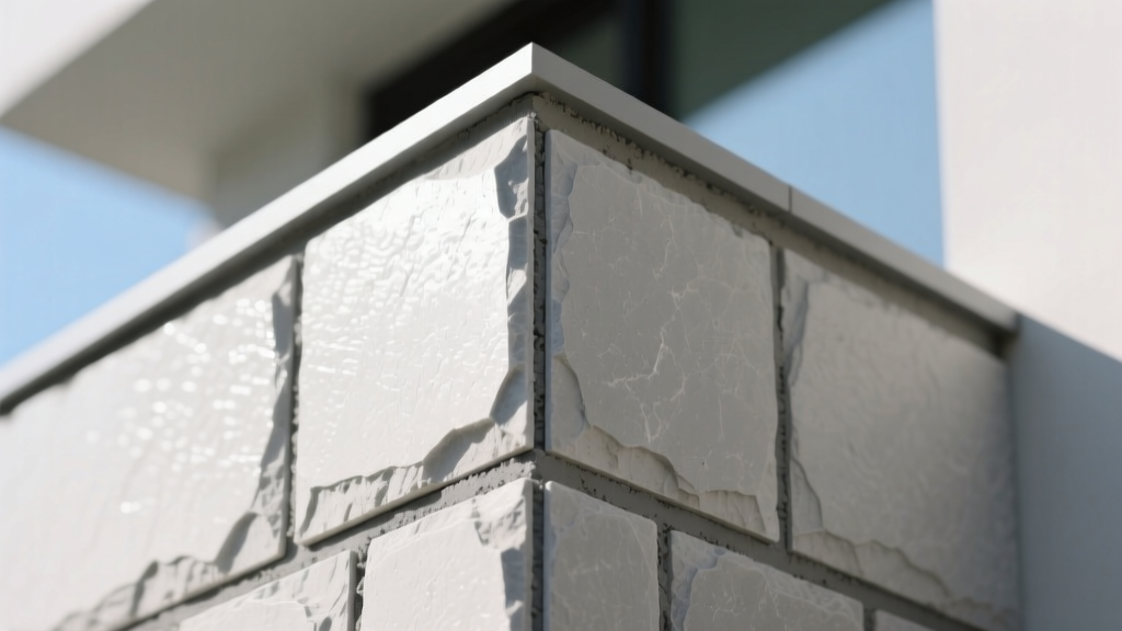 Close-up of L-shaped manufactured corner stone veneer wrapping a 90-degree exterior wall corner with fresh gray mortar joints.