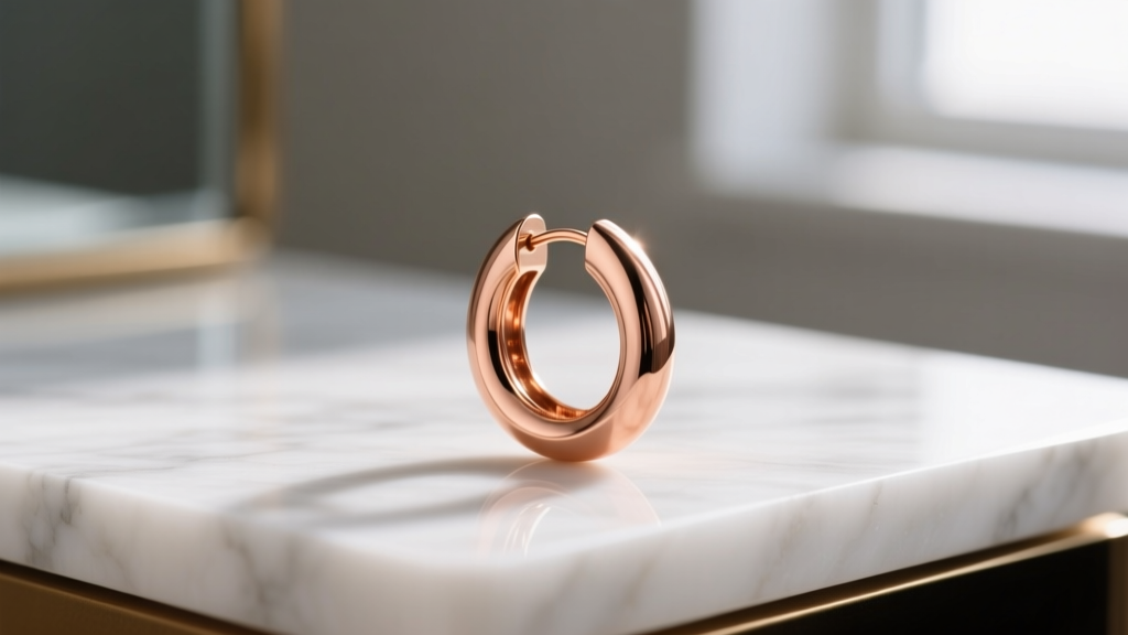 18ct rose gold hoop earring polished with a soft cloth, revealing warm copper undertones against a bright white marble vanity top.