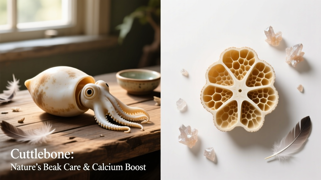 Side-by-side comparison showing a whole cuttlebone and a cross-section revealing its honeycomb-like internal chambers